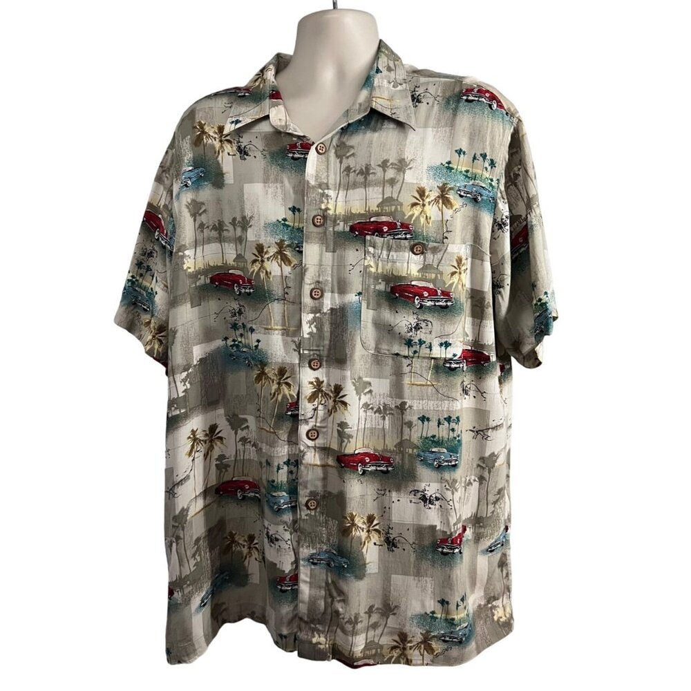Mens Hawaiian Floral Button Up Camp Shirt XL Pocket Retro Classic Vintage Cars